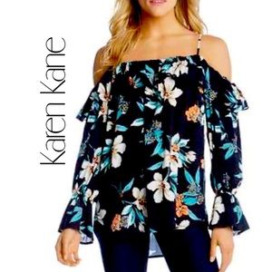 KAREN KANE Island Rhythm Bracelet Sleeve Top Blouse Black Floral Off Shoulder